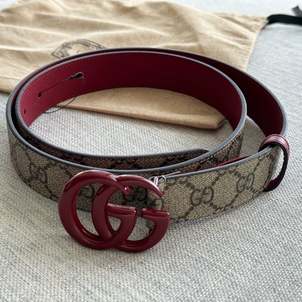 NEW Gucci GG Marmont Thin Belt 'Monogram/Red'.